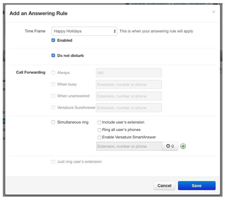 A popup window showing all of the options available in SONAR when adding an answering rule - net2phone Canada - Business VoIP Phone System