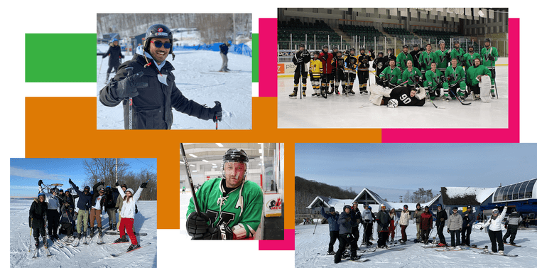 net2phone Canada employees participating in group outdoor activities like hockey and skiing