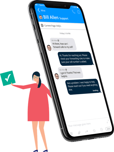 Illustration of woman holding smart phone with messages - net2phone Canada - Business VoIP Phone System