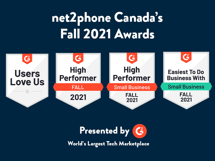 net2phone Canada's G2.com Fall 2021 awards. Users love us, High performer fall 2021, high performer small business fall 2021, easiest to do business with small business fall 2021 - net2phone Canada - Business VoIP Phone System