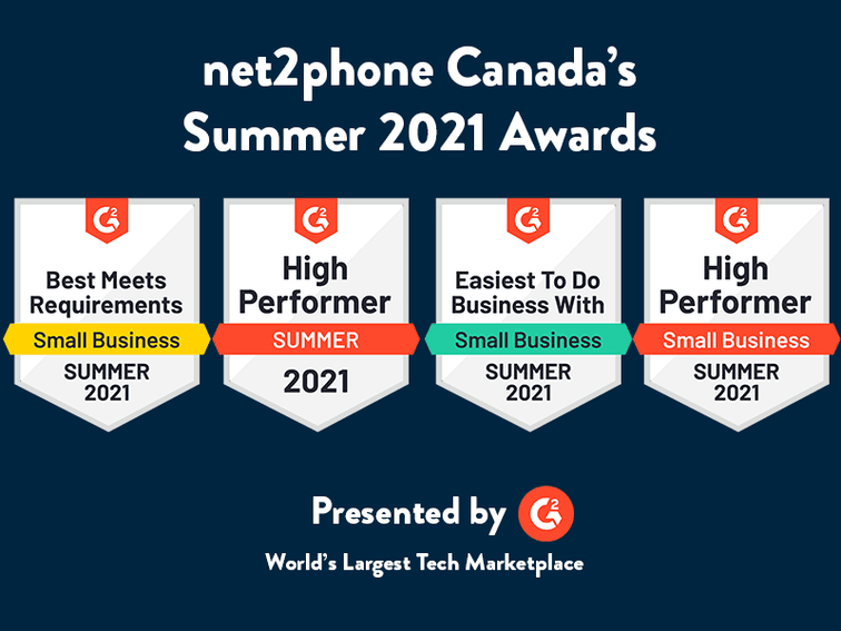 Pictures of net2phone Canada G2 badges awarded in the summer of 2021 including Best Meets Requirements for small business, High Performer, Easiest to do Business With for small business and another High Performer.
