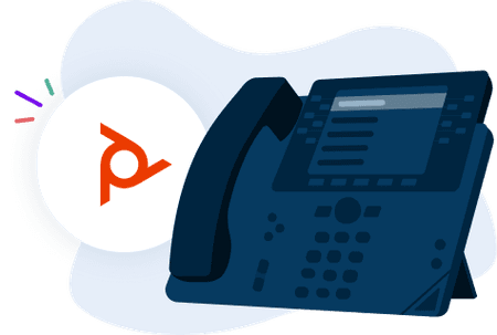 an illustration of a poly phone and the Poly logo