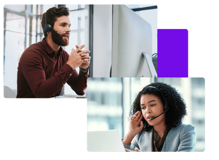 man with headset on a call in front of desktop and woman wearing headset on a call in front of laptop