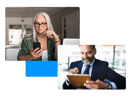 woman looking at her smart phone and man looking a his ipad smiling