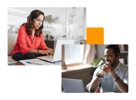 woman working at home on laptop and man with headset smiling into laptop screen - net2phone Canada - Business VoIP Phone System