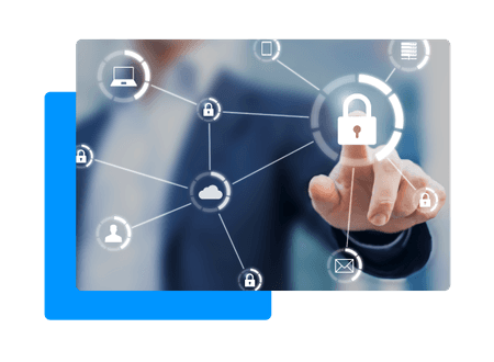 business man pointing at illustrated padlock with network of other icons connected including a cloud, lap top and email