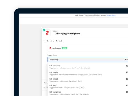 net2phone canada zapier actions on a screen