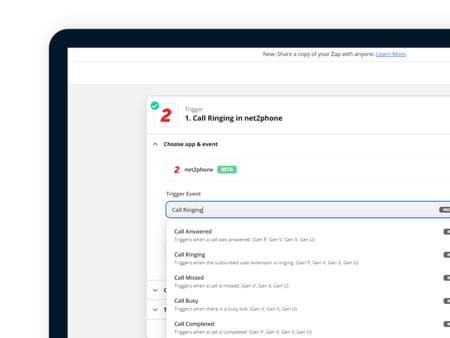 net2phone canada zapier actions on a screen