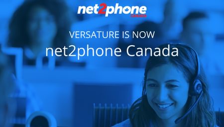 Cover photo of woman talking in headset at a call centre with net2phone Canada logo - business phone service