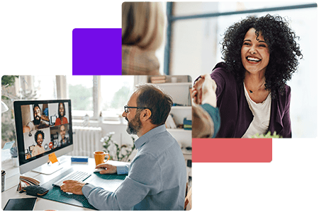 business women shaking hands and man sitting at desktop computer on video call smiling