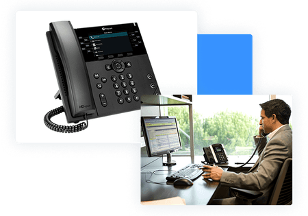 Desktop phones - Man speaking on Poly Phone - net2phone Canada - Business VoIP Phone System