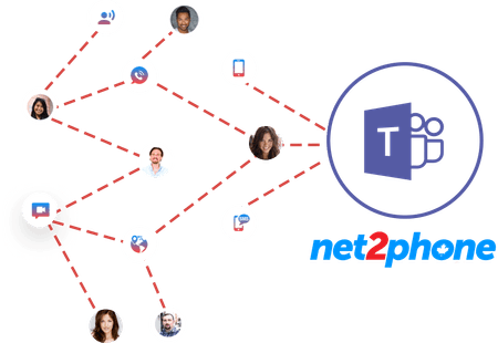 headshots linked by red lines to Microsoft Teams logo - net2phone Canada - Business VoIP Phone System