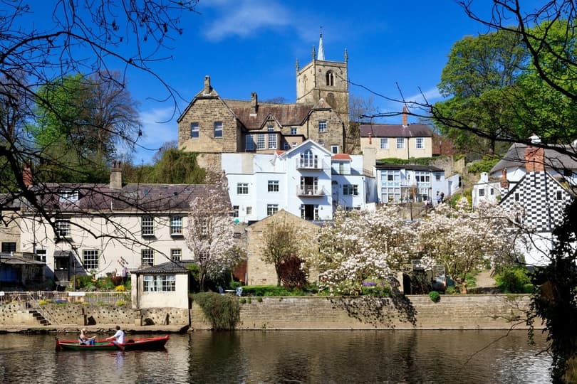 Rowers on a boat on the river, lined with houses blooming white flowers