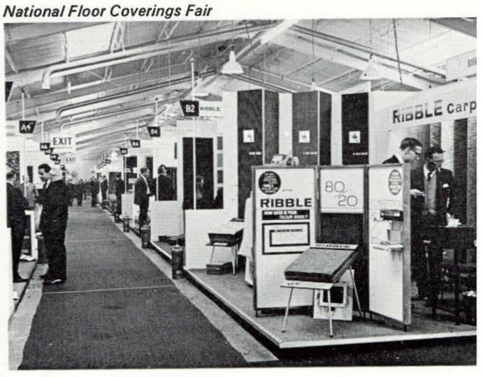 A black and white image of the National Floor Coverings Fair in the late 1960s