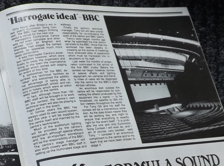 Black and white magazine article with heading "Harrogate ideal - BBC" and image of auditorium