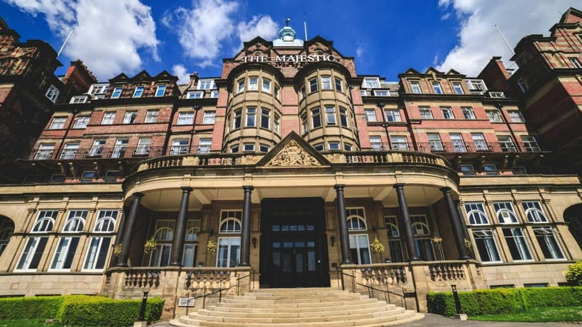 Entrance and front facade of a period hotel building