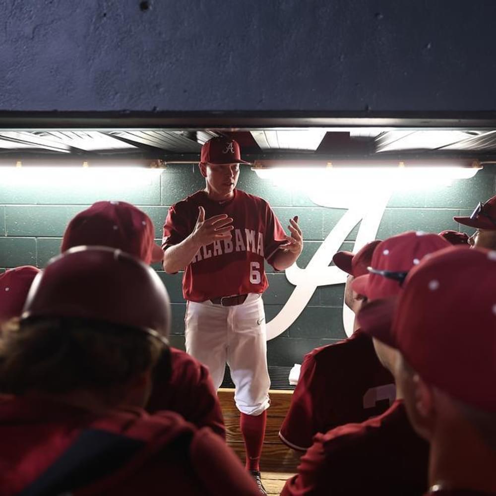 Alabama Head Coach Brad Bohannon (6) talks to his team during post game against Southern Miss at Sewell-Thomas Stadium in Tuscaloosa, AL on Tuesday, Apr 11, 2023. Alabama News
