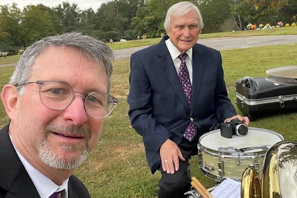Son, David Simpkins on the tuba and father, Buddy Simpkins on drums at the graveside service of Sylacauga businessman Jim Clinton.