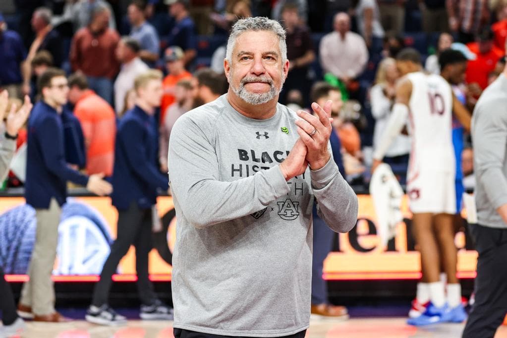 Feb 23, 2022; Auburn, AL, USA; Bruce Pearl reacts after the game between Auburn and Ole Miss at Auburn Arena.