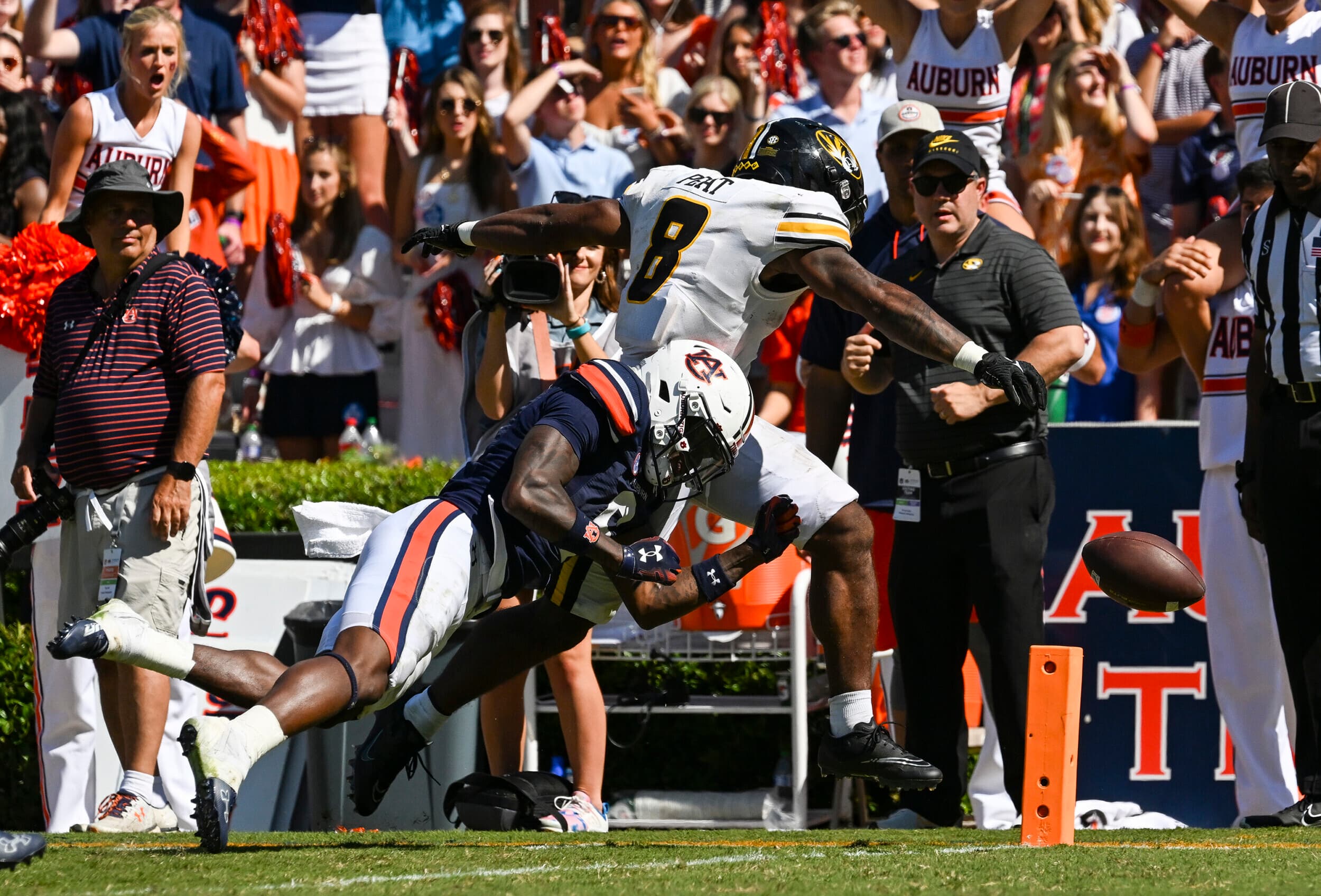 Sep 24, 2022; Auburn, Al, USA; Keionte Scott (6) forces fumble to win the game in overtime during the game between Auburn and Missouri at Jordan Hare Stadium.  Todd Van Emst/AU Athletics