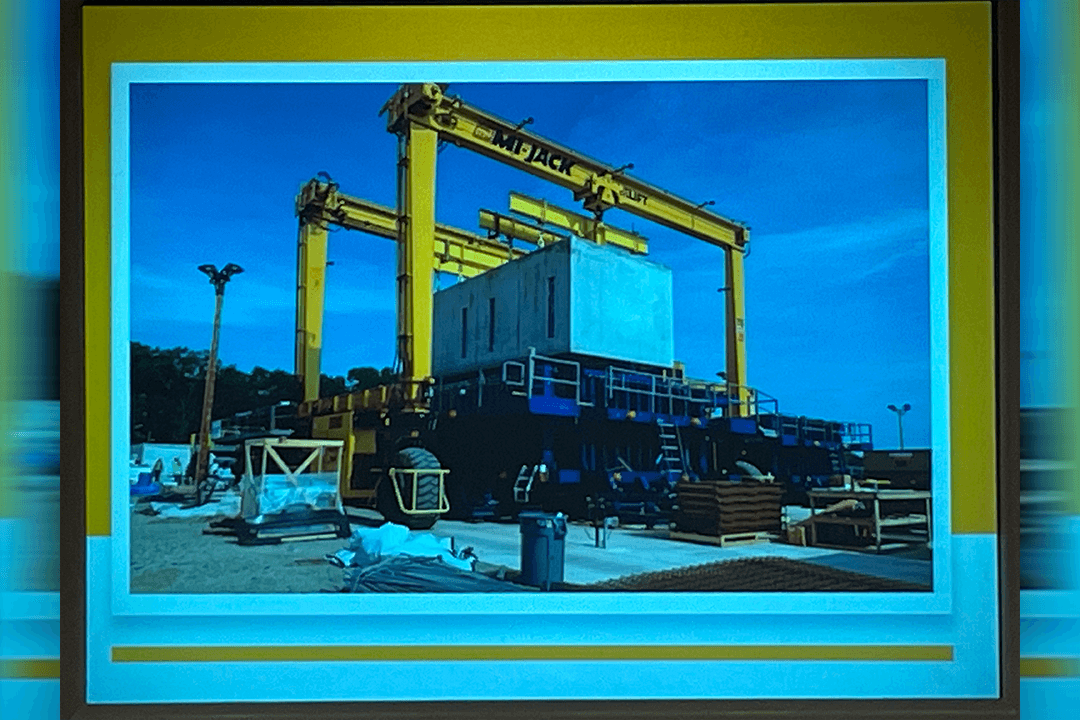 A picture of a crane at the Elmore construction site presented at the Joint Prison Oversight Committee Meeting on September 20 2023 Photo by Will Blakely