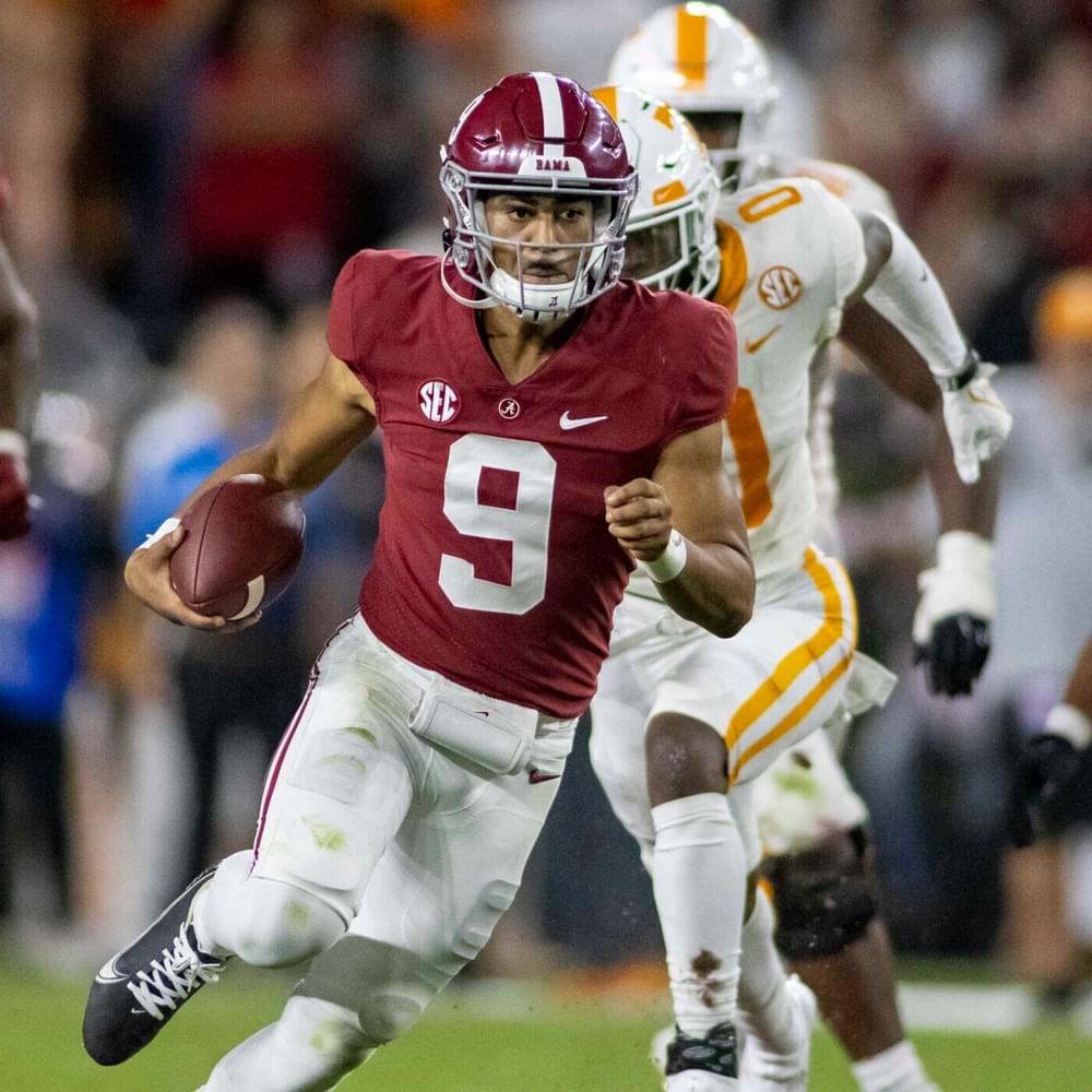 Alabama quarterback Bryce Young (9) runs the ball during the second half of an NCAA college football game against Tennessee, Saturday, Oct. 23, 2021, in Tuscaloosa, Ala. Alabama News