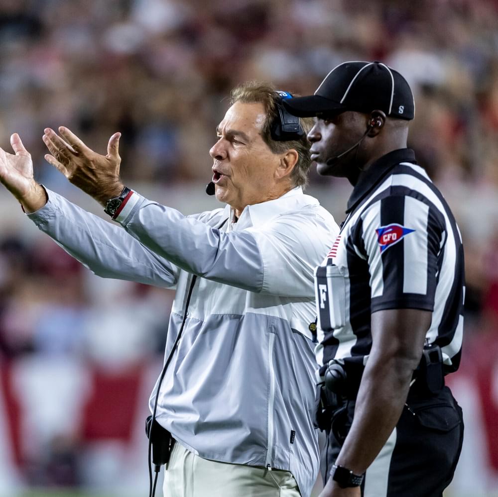 Alabama head coach Nick Saban argues a call during the second half of an NCAA college football game against Texas A&M, Saturday, Oct. 8, 2022, in Tuscaloosa, Ala.