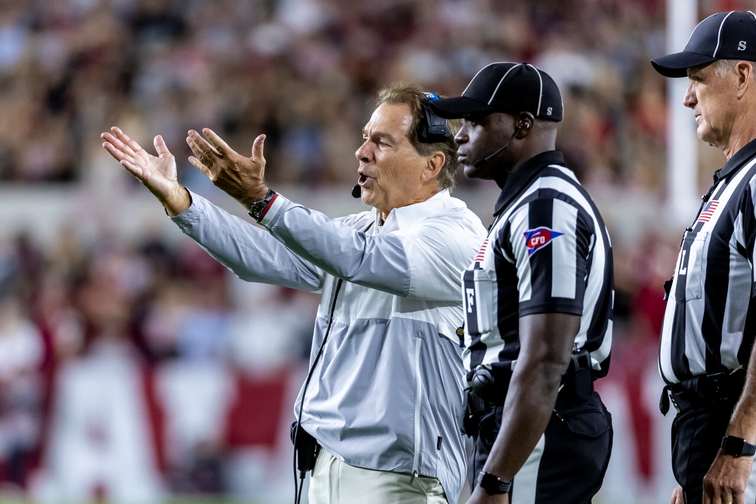 Alabama head coach Nick Saban argues a call during the second half of an NCAA college football game against Texas A&M, Saturday, Oct. 8, 2022, in Tuscaloosa, Ala.