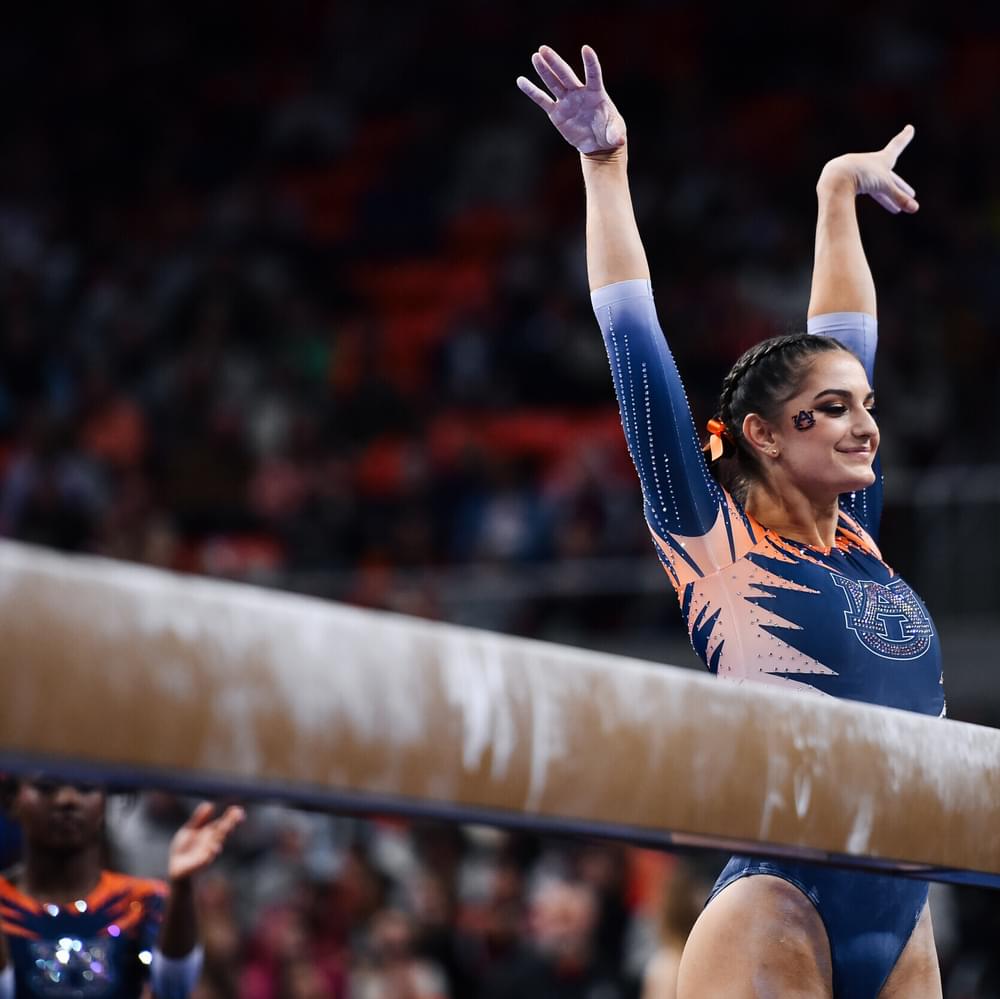 Cassie Stevens before her beam routine in meet between Auburn gymnastics and NC State. | credit Elaina Eichorn / Auburn Athletics Alabama News