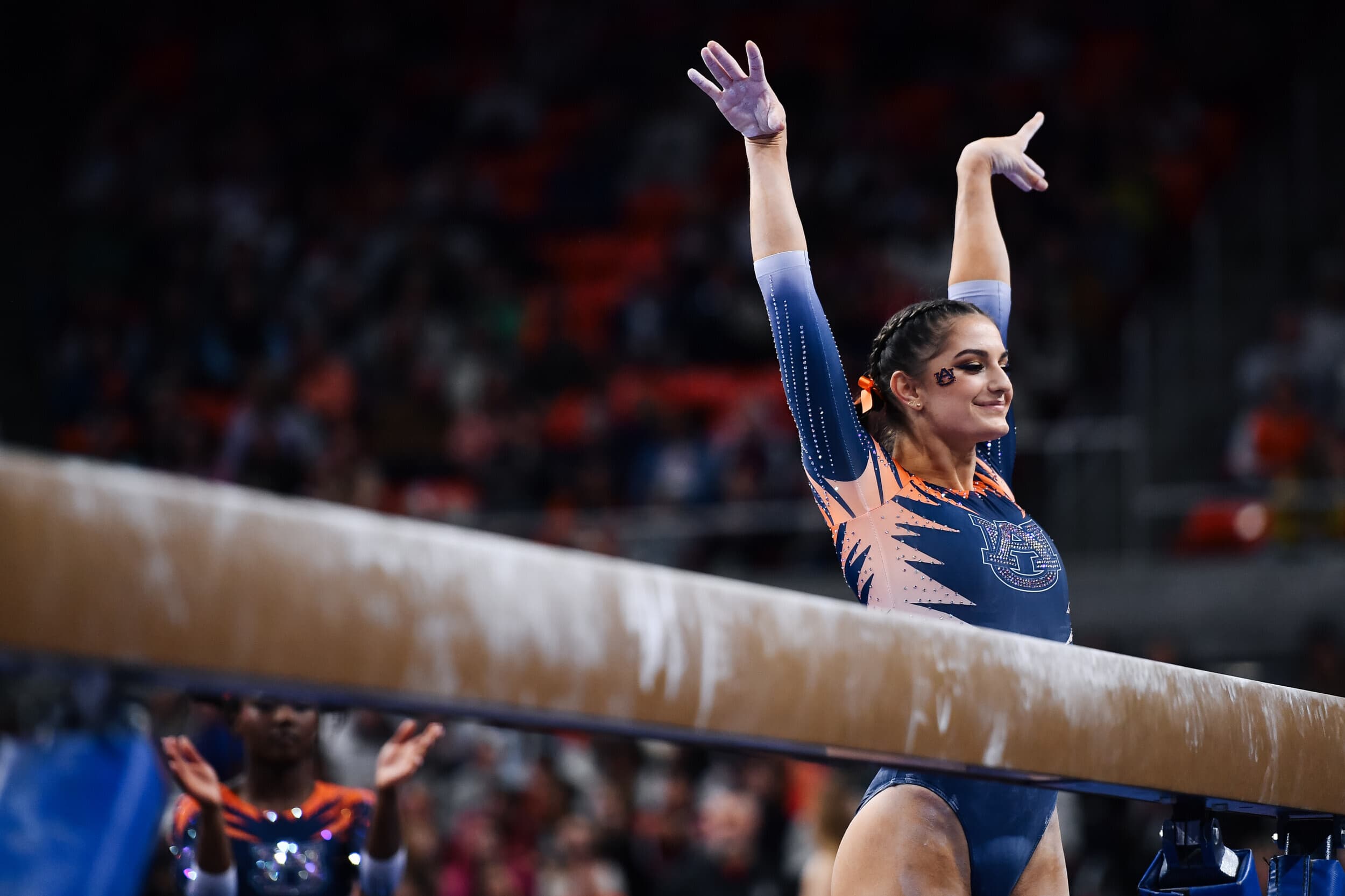 Cassie Stevens before her beam routine in meet between Auburn gymnastics and NC State. | credit Elaina Eichorn / Auburn Athletics