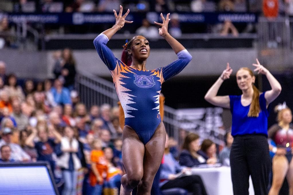 Derrian Gobourne during the gymnastics meet between the Auburn Tigers and NC State Wolfpack at Neville Arena in Auburn, AL on Friday, Jan 27, 2023. Taylor Sondgeroth/Auburn Tigers