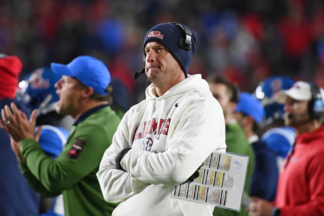 Mississippi head coach Lane Kiffin watches on during the second half of an NCAA college football game against Alabama in Oxford, Miss., Saturday, Nov. 12, 2022. Alabama won 30-24. (AP Photo/Thomas Graning)AP