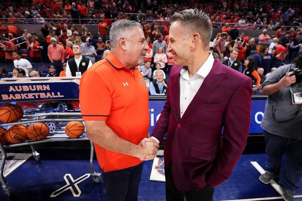 AUBURN, AL - FEBRUARY 07 - Head Coach Bruce Pearl and Alabama Head Coach Nate Oats during the game between the #12 Auburn Tigers and the #16 Alabama Crimson Tide at Neville Arena in Auburn, AL on Wednesday, Feb. 7, 2024.