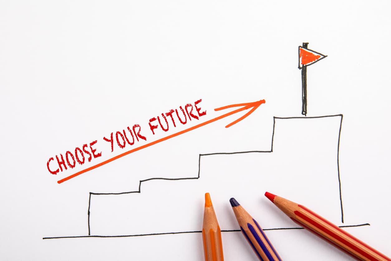 Choose your future. School, work and business choice. Steps leading up stock photo