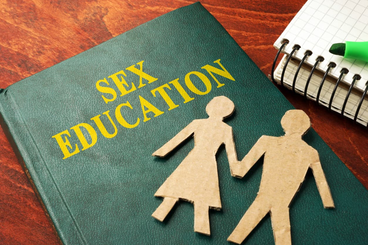 Book with title Sex education on a table. stock photo