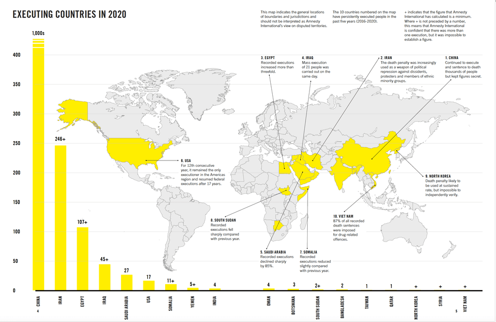 Amnesty International's map of executions worldwide in 2020.