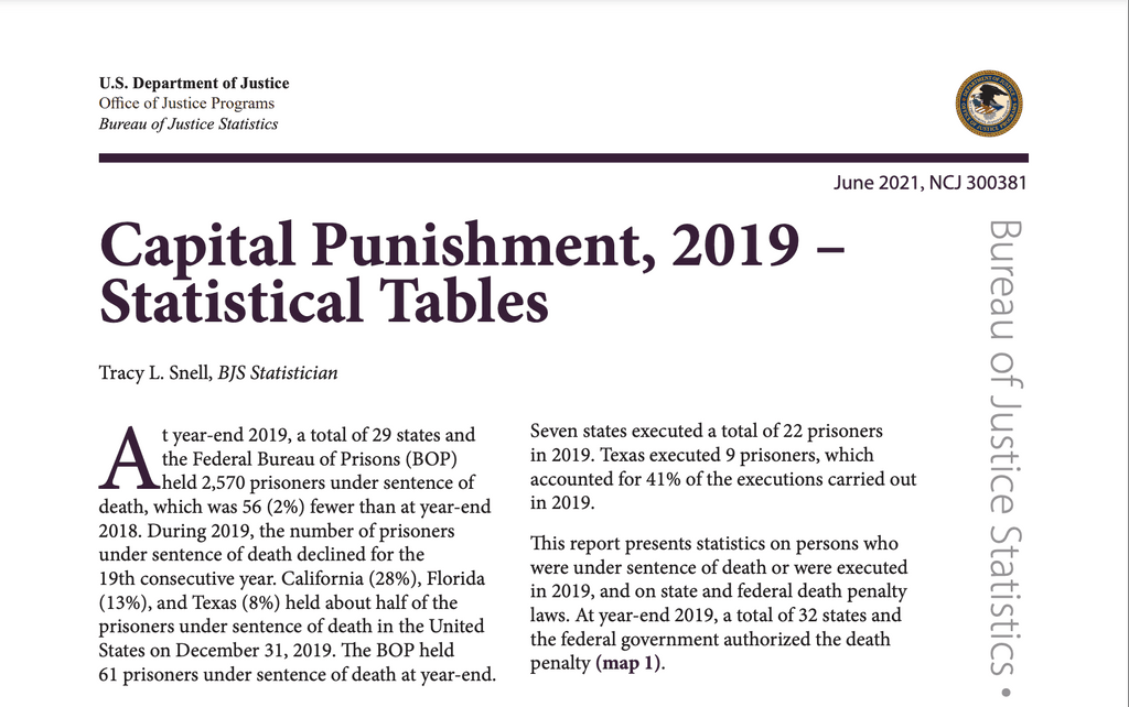 Bureau of Justice Statistics Reports Number on Death Row Down, Average Time on Death Row Approaches 19 Years