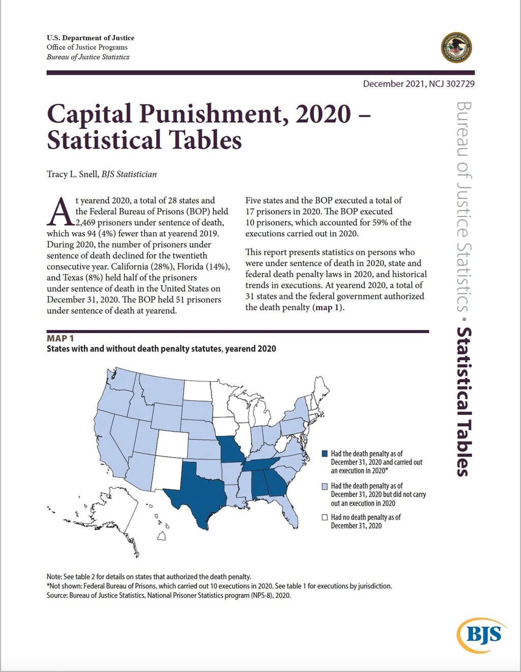 Bureau of Justice Statistics: Death Row Below 2,500 First Time in 29 Years After 20 Consecutive Years of Decline, Average Time on Death Row Reaches 19.4 Years