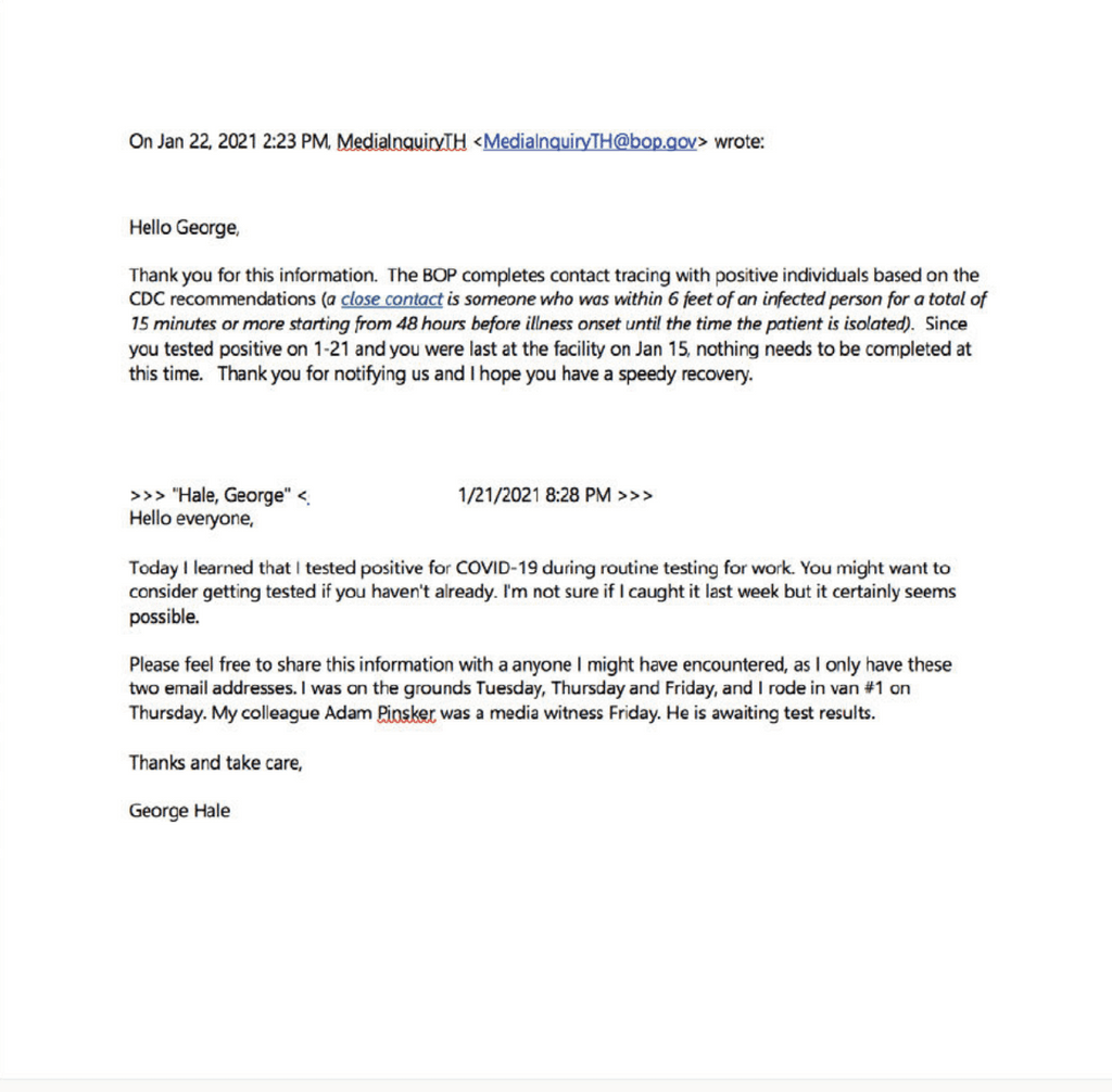 January 21, 2021 email from Indiana Public Media reporter George Hale to the Bureau of Prisons and the BOP's January 22 reply. (Click to enlarge image.)