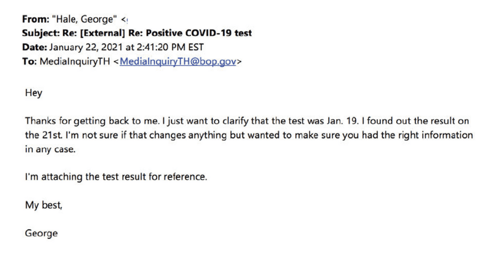 Hale's follow-up email to the Bureau of Prisons on January 22, 2021. (Click to enlarge image.)