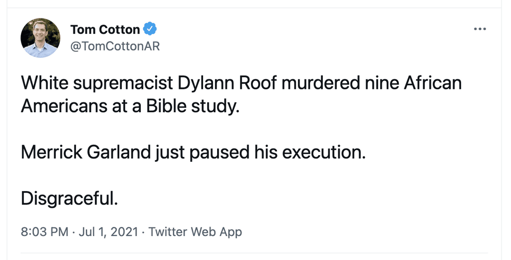 Arkansas U.S. Senator Tom Cotton falsely claimed that the Department of Justice's temporary moratorium on executions to review Trump-administration death-penalty practices. In fact, the moratorium has no effect on any pending federal death-penalty appeal.