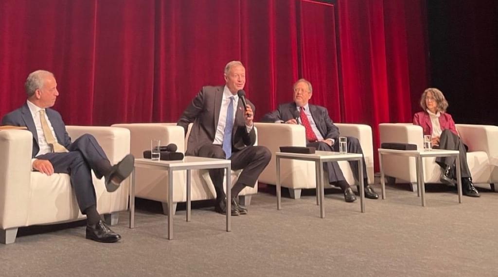Former Maryland Governor Martin O'Malley answers a question from the audience during DPIC's presentation on Politics, Human Rights, and the Death Penalty in the U.S. at the Eighth World Congress Against the Death Penalty in Berlin, Germany in November 2022. Also on the panel, from left to right, are former U.S. Senator Russ Feingold, DPIC Executive Director Robert Dunham, and human rights lawyer Sandra Babcock, the founder and faculty director of the Cornell Center on the Death Penalty Worldwide.