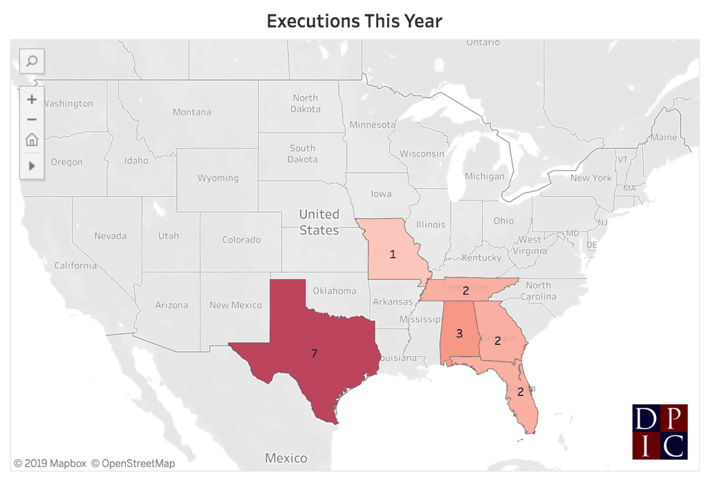 With Missouri's execution of Russell Bucklew on October 1, 2019, six U.S. states have carried out 17 executions in 2019. Bucklew was the first prisoner executed in Missouri in 2019.