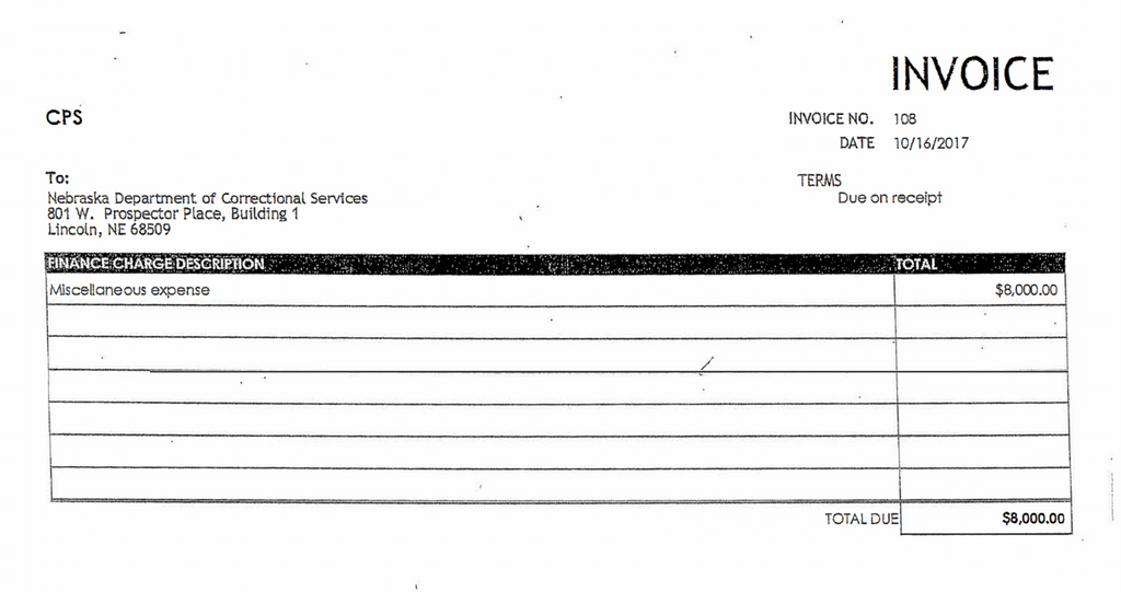 Photographs from the records released by the Nebraska Department of Correctional Services. Top: Some of the drugs supplied to the state of Nebraska by Community Services Pharmacy. Above: An invoice from Community Services Pharmacy to the Nebraska Department of Correctional Services for "Miscellaneous expense."