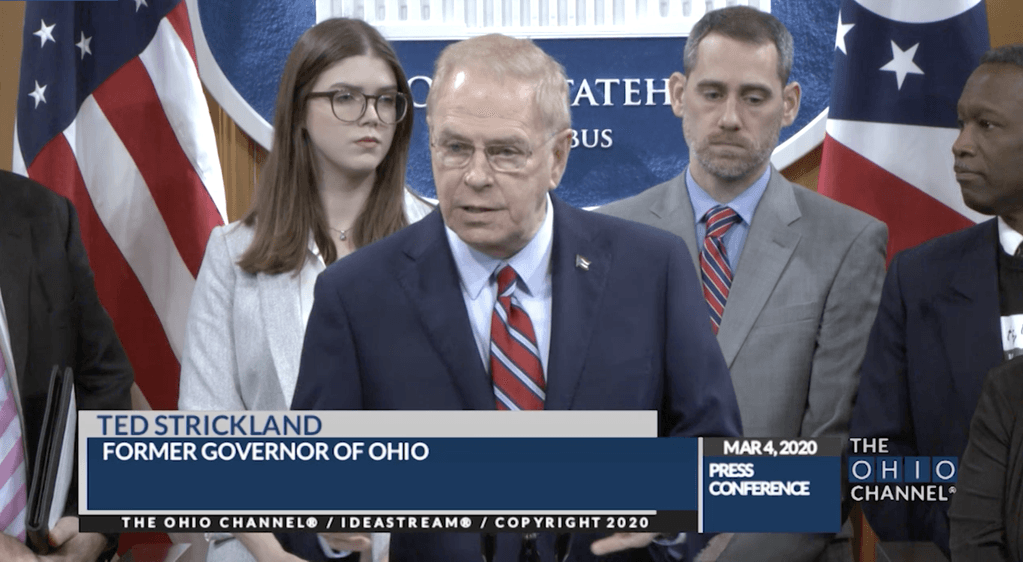 Former Ohio Governor Ted Strickland at the March 4, 2020 news conference announcing plans to introduce bipartisan legislation to end capital punishment in Ohio. (Photo courtesy of the Ohio Channel.)