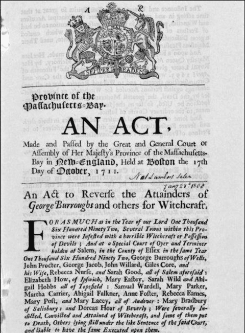 The 1711 act of the Massachusetts legislature to reverse the Salem witchcraft convictions (image: Library of Congress)