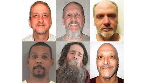 Above: The six people scheduled for execution in the first phase of Oklahoma’s 2-year execution spree. Top row, left to right: Richard Glossip, Scott Eizember, James Coddington. Bottom row, left to right: John Fitzgerald Hanson, Benjamin Cole, Richard Fairchild.