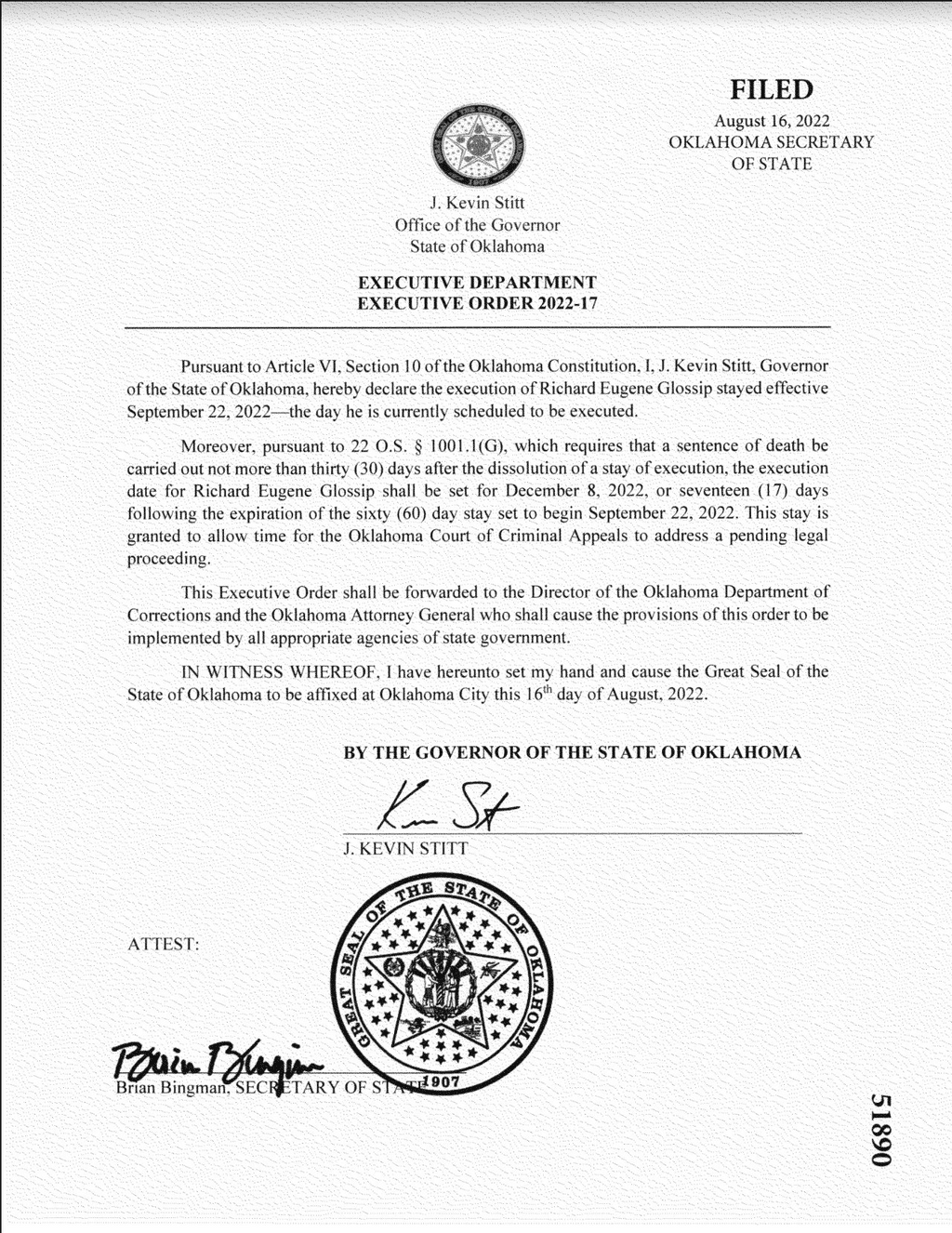Oklahoma Governor Delays Richard Glossip’s Execution to Allow Litigation of Innocence Claims