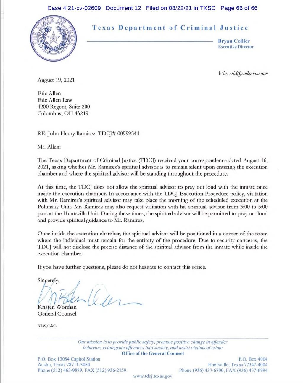 The letter from the Texas Department of Criminal Justice requiring John Ramirez's spiritual advisor to remain silent and physically separated from Ramirez during the execution.