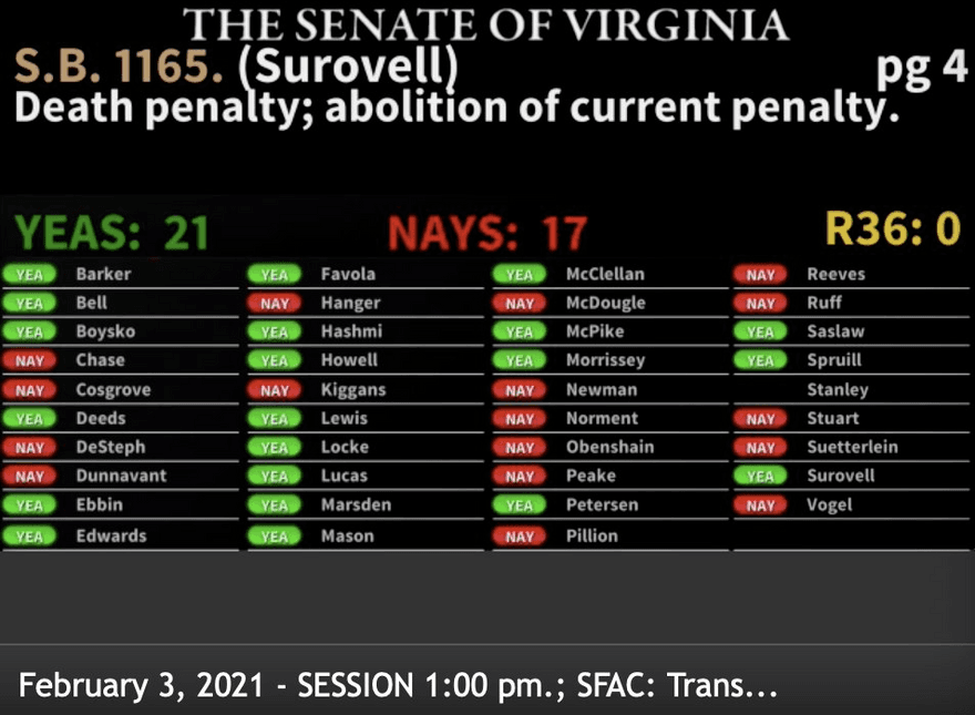 Virginia Senate Passes Bill to Abolish the Death Penalty